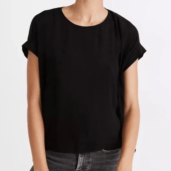 New Madewell Cuffed Sleeve Shirred Top Small Black - Picture 1 of 9